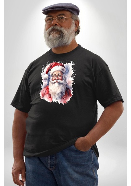 Mutlu Noel Baba Yeni Yıl Tasarımı Siyah Büyük Beden Erkek Kadın Unisex Basic Ön Baskılı Tişört indirimleri
