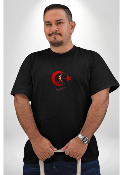 Ay Yıldız Kırmızı Kemal Atatürk Imza Siyah Büyük Beden Erkek Kadın Unisex Basic Ön Baskılı Tişört