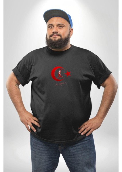 Ay Yıldız Kırmızı Kemal Atatürk Imza Siyah Büyük Beden Erkek Kadın Unisex Basic Ön Baskılı Tişört modelleri
