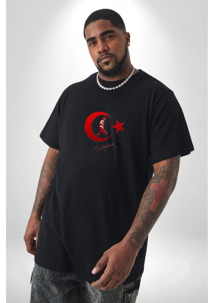 Ay Yıldız Kırmızı Kemal Atatürk Imza Siyah Büyük Beden Erkek Kadın Unisex Basic Ön Baskılı Tişört indirimleri