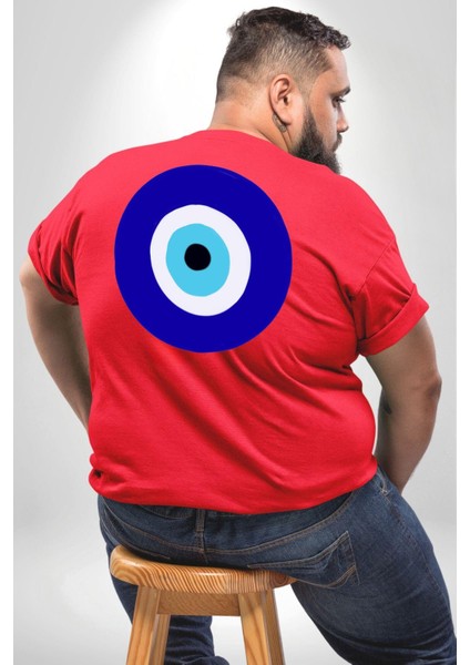 Nazar Boncuğu Büyük Beden Kırmızı Tişört Kadın Erkek Ünisex Sırt Baskılı