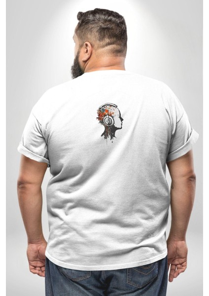 Kafatası Kulaklık Ergen Enerjisi Büyük Beden Beyaz Tişört Kadın Erkek Ünisex Sırt Baskılı