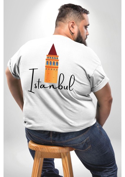 Istanbul Galata Kulesi Büyük Beden Beyaz Tişört Kadın Erkek Ünisex Sırt Baskılı