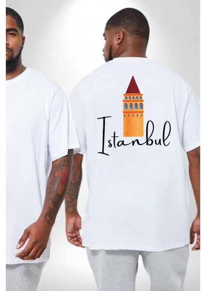 Istanbul Galata Kulesi Büyük Beden Beyaz Tişört Kadın Erkek Ünisex Sırt Baskılı fiyatları