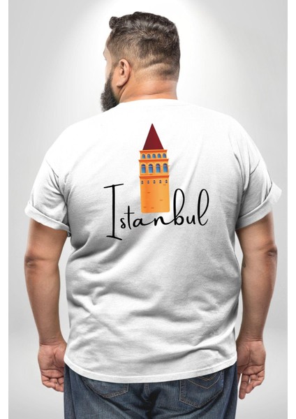 Istanbul Galata Kulesi Büyük Beden Beyaz Tişört Kadın Erkek Ünisex Sırt Baskılı fırsatları