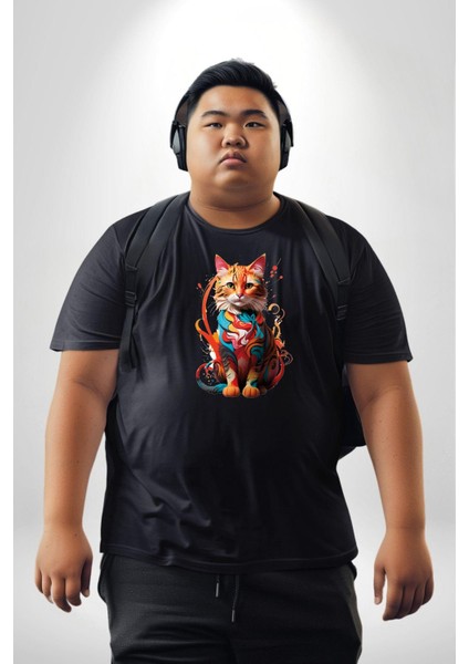 Renkli Yağlı Boya Kedi Siyah Büyük Beden Erkek Kadın Unisex Basic Ön Baskılı Tişört
