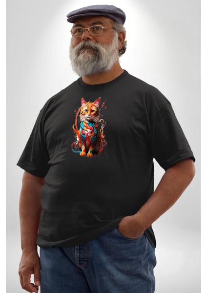 Renkli Yağlı Boya Kedi Siyah Büyük Beden Erkek Kadın Unisex Basic Ön Baskılı Tişört modelleri