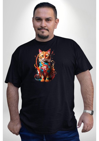 Renkli Yağlı Boya Kedi Siyah Büyük Beden Erkek Kadın Unisex Basic Ön Baskılı Tişört fırsatları