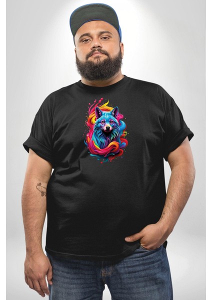 Renkli Kurt Siyah Büyük Beden Erkek Kadın Unisex Basic Ön Baskılı Tişört fiyatları