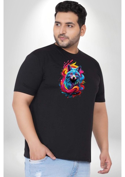 Renkli Kurt Siyah Büyük Beden Erkek Kadın Unisex Basic Ön Baskılı Tişört modelleri