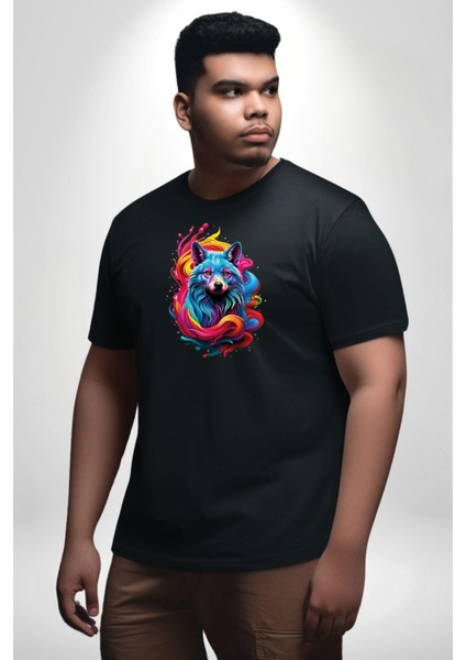 Renkli Kurt Siyah Büyük Beden Erkek Kadın Unisex Basic Ön Baskılı Tişört fırsatları