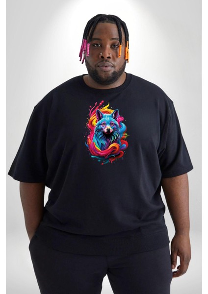 Renkli Kurt Siyah Büyük Beden Erkek Kadın Unisex Basic Ön Baskılı Tişört indirimleri