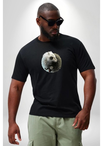 Yin Ile Yang Beyaz Siyah Kurt Siyah Büyük Beden Erkek Kadın Unisex Basic Ön Baskılı Tişört