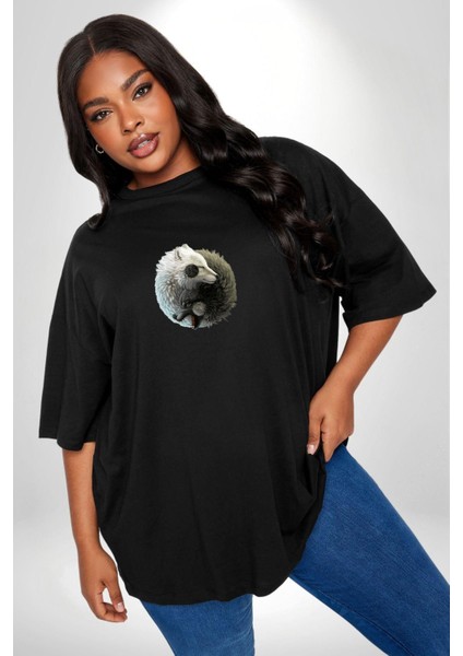 Yin Ile Yang Beyaz Siyah Kurt Siyah Büyük Beden Erkek Kadın Unisex Basic Ön Baskılı Tişört modelleri