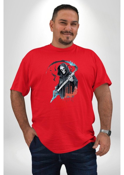 Azrail Ölüm Tanrısı Iskelet Kırmızı Büyük Beden Erkek Kadın Unisex Basic Ön Baskılı Tişört