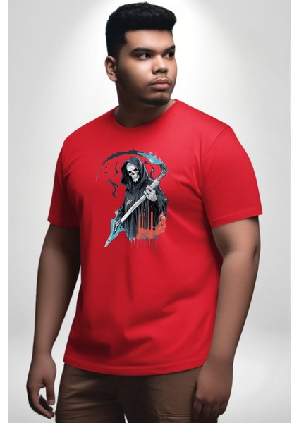 Azrail Ölüm Tanrısı Iskelet Kırmızı Büyük Beden Erkek Kadın Unisex Basic Ön Baskılı Tişört fırsatları