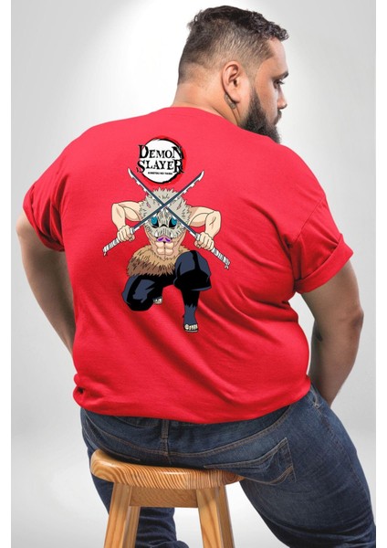 Anime Inosuke Hashibira Demon Slayer Büyük Beden Kırmızı Tişört Kadın Erkek Ünisex Sırt Baskılı