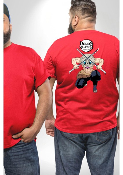 Anime Inosuke Hashibira Demon Slayer Büyük Beden Kırmızı Tişört Kadın Erkek Ünisex Sırt Baskılı fiyatları