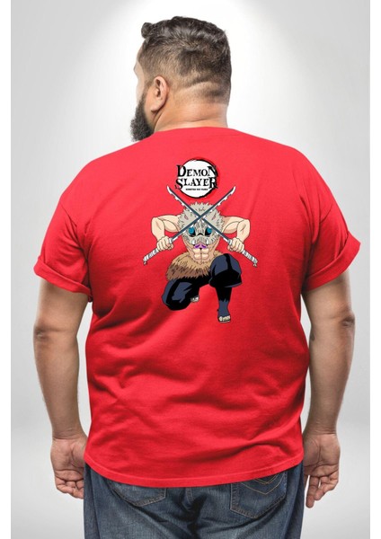Anime Inosuke Hashibira Demon Slayer Büyük Beden Kırmızı Tişört Kadın Erkek Ünisex Sırt Baskılı fırsatları