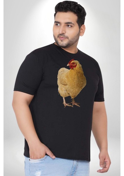 Tavuk Siyah Büyük Beden Erkek Kadın Unisex Basic Ön Baskılı Tişört