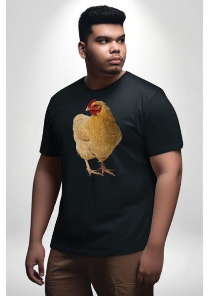 Tavuk Siyah Büyük Beden Erkek Kadın Unisex Basic Ön Baskılı Tişört fiyatları