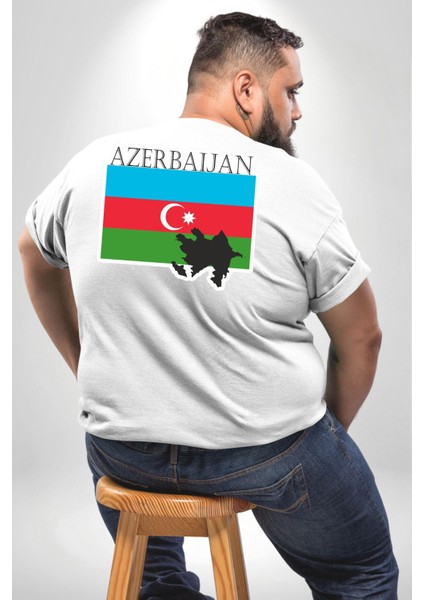 Azerbeycan Bayrak Ülke Büyük Beden Beyaz Tişört Kadın Erkek Ünisex Sırt Baskılı