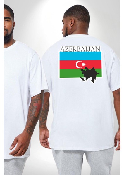 Azerbeycan Bayrak Ülke Büyük Beden Beyaz Tişört Kadın Erkek Ünisex Sırt Baskılı fiyatları
