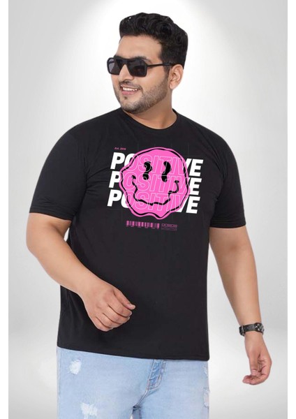 Positive Enerji Emoji Gülen Surat Siyah Büyük Beden Erkek Kadın Unisex Basic Ön Baskılı Tişört