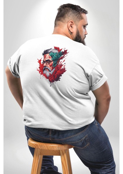 Santa Cool Gözlüklü Büyük Beden Beyaz Tişört Kadın Erkek Ünisex Sırt Baskılı