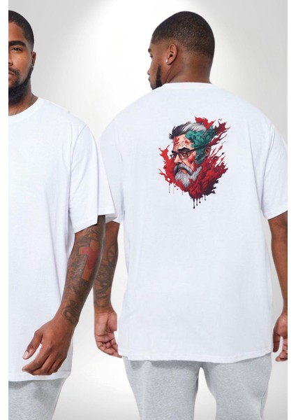 Santa Cool Gözlüklü Büyük Beden Beyaz Tişört Kadın Erkek Ünisex Sırt Baskılı fiyatları