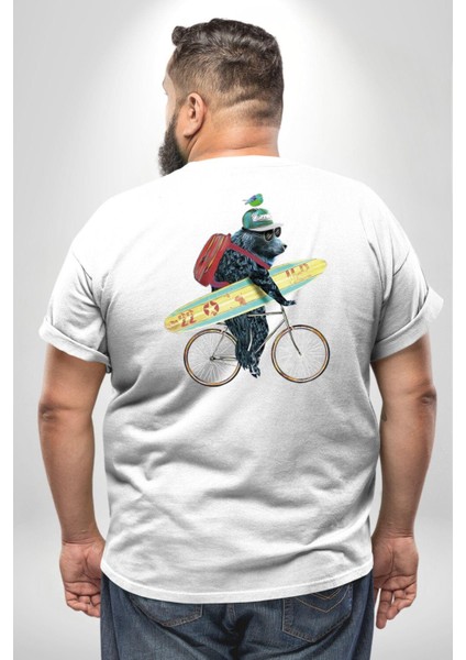 Komik Köpek Sörf Tahtası Bisiklet Büyük Beden Beyaz Tişört Kadın Erkek Ünisex Sırt Baskılı