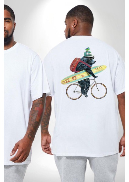 Komik Köpek Sörf Tahtası Bisiklet Büyük Beden Beyaz Tişört Kadın Erkek Ünisex Sırt Baskılı fiyatları