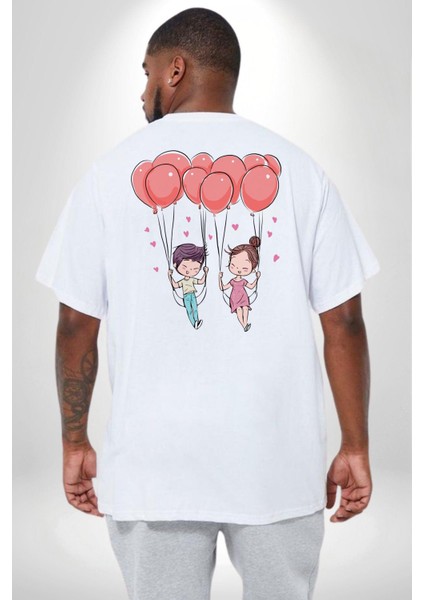 Sevgili Balon Aşk Salıncak Sevgililer Günü Büyük Beden Beyaz Tişört Kadın Erkek Ünisex Sırt Baskılı