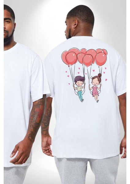 Sevgili Balon Aşk Salıncak Sevgililer Günü Büyük Beden Beyaz Tişört Kadın Erkek Ünisex Sırt Baskılı fiyatları