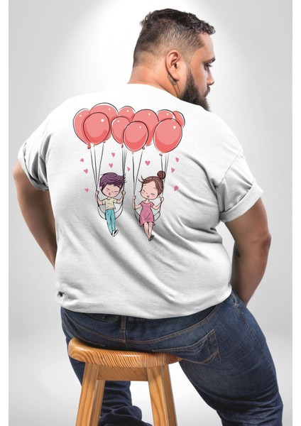 Sevgili Balon Aşk Salıncak Sevgililer Günü Büyük Beden Beyaz Tişört Kadın Erkek Ünisex Sırt Baskılı fırsatları