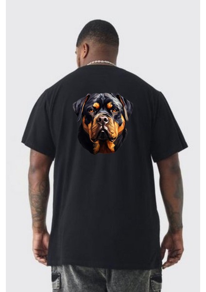Rottweiler Kafası Büyük Beden Siyah Tişört Kadın Erkek Ünisex Sırt Baskılı