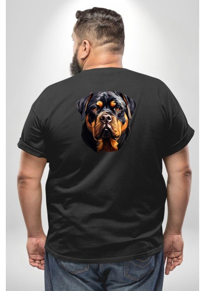 Rottweiler Kafası Büyük Beden Siyah Tişört Kadın Erkek Ünisex Sırt Baskılı fırsatları