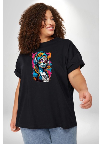 Kulaklık Müzik Dinleyen Kız Siyah Büyük Beden Erkek Kadın Unisex Basic Ön Baskılı Tişört