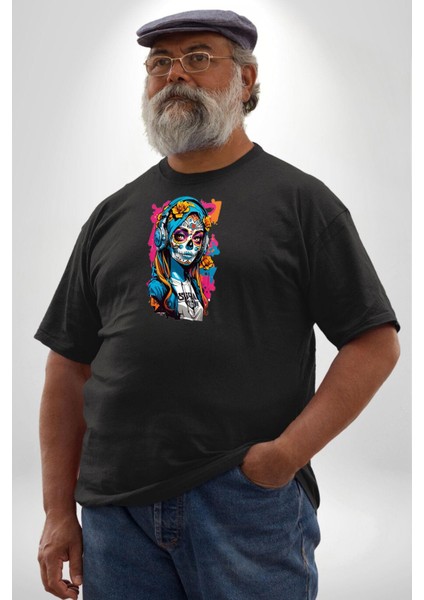 Kulaklık Müzik Dinleyen Kız Siyah Büyük Beden Erkek Kadın Unisex Basic Ön Baskılı Tişört fiyatları