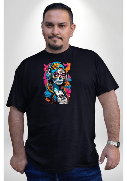 Kulaklık Müzik Dinleyen Kız Siyah Büyük Beden Erkek Kadın Unisex Basic Ön Baskılı Tişört modelleri