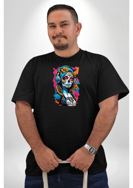 Kulaklık Müzik Dinleyen Kız Siyah Büyük Beden Erkek Kadın Unisex Basic Ön Baskılı Tişört fırsatları