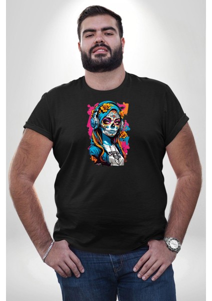 Kulaklık Müzik Dinleyen Kız Siyah Büyük Beden Erkek Kadın Unisex Basic Ön Baskılı Tişört indirimleri