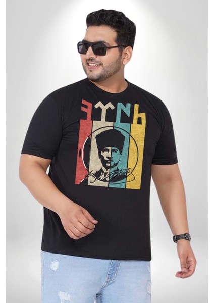 Atatürk Imzalı Türk Logo Siyah Büyük Beden Erkek Kadın Unisex Basic Ön Baskılı Tişört modelleri
