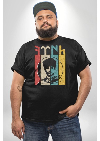 Atatürk Imzalı Türk Logo Siyah Büyük Beden Erkek Kadın Unisex Basic Ön Baskılı Tişört fırsatları