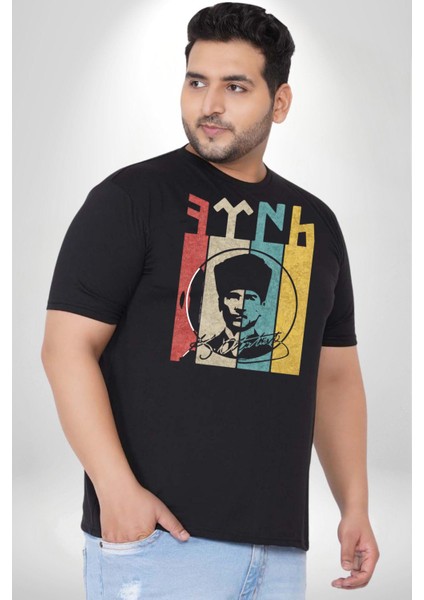 Atatürk Imzalı Türk Logo Siyah Büyük Beden Erkek Kadın Unisex Basic Ön Baskılı Tişört indirimleri