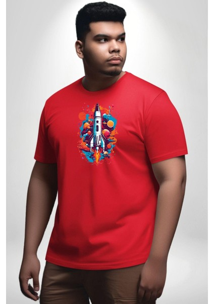 Uzay Aracı Roket Kırmızı Büyük Beden Erkek Kadın Unisex Basic Ön Baskılı Tişört