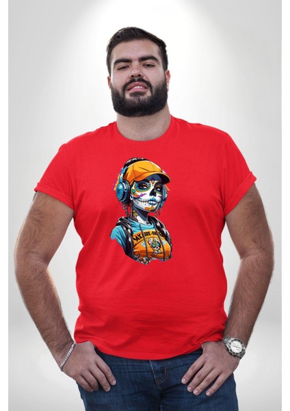 Robot Kız Müzik Kulaklık Şapka Kırmızı Büyük Beden Erkek Kadın Unisex Basic Ön Baskılı Tişört