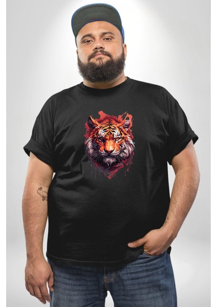 Kaplan Kafası Siyah Büyük Beden Erkek Kadın Unisex Basic Ön Baskılı Tişört