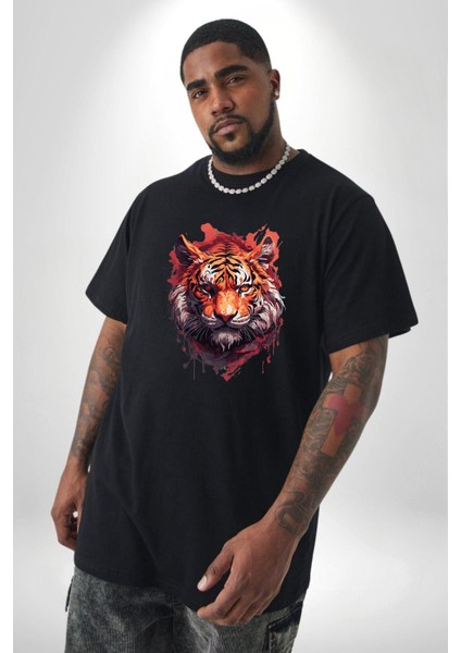 Kaplan Kafası Siyah Büyük Beden Erkek Kadın Unisex Basic Ön Baskılı Tişört fiyatları