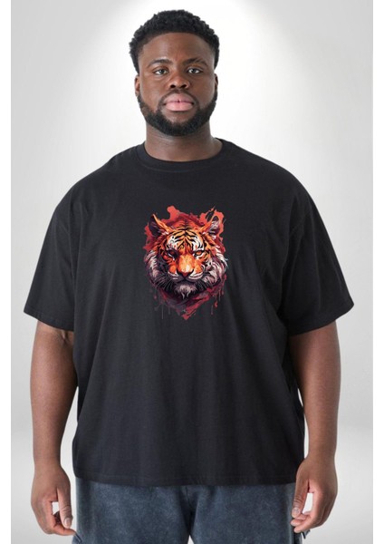 Kaplan Kafası Siyah Büyük Beden Erkek Kadın Unisex Basic Ön Baskılı Tişört modelleri